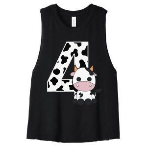 Farm Cow 4th Birthday 4 Year Old Birthday Party Women's Racerback Cropped Tank