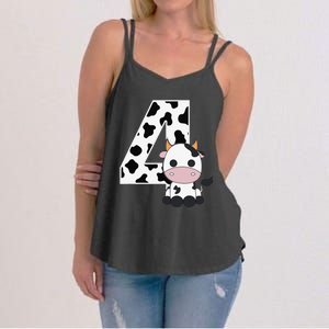 Farm Cow 4th Birthday 4 Year Old Birthday Party Women's Strappy Tank