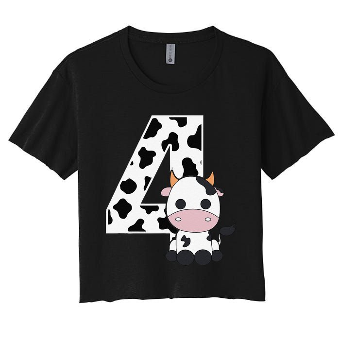 Farm Cow 4th Birthday 4 Year Old Birthday Party Women's Crop Top Tee