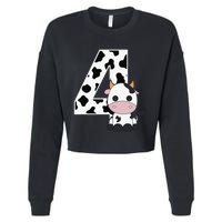 Farm Cow 4th Birthday 4 Year Old Birthday Party Cropped Pullover Crew