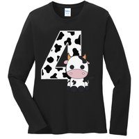 Farm Cow 4th Birthday 4 Year Old Birthday Party Ladies Long Sleeve Shirt