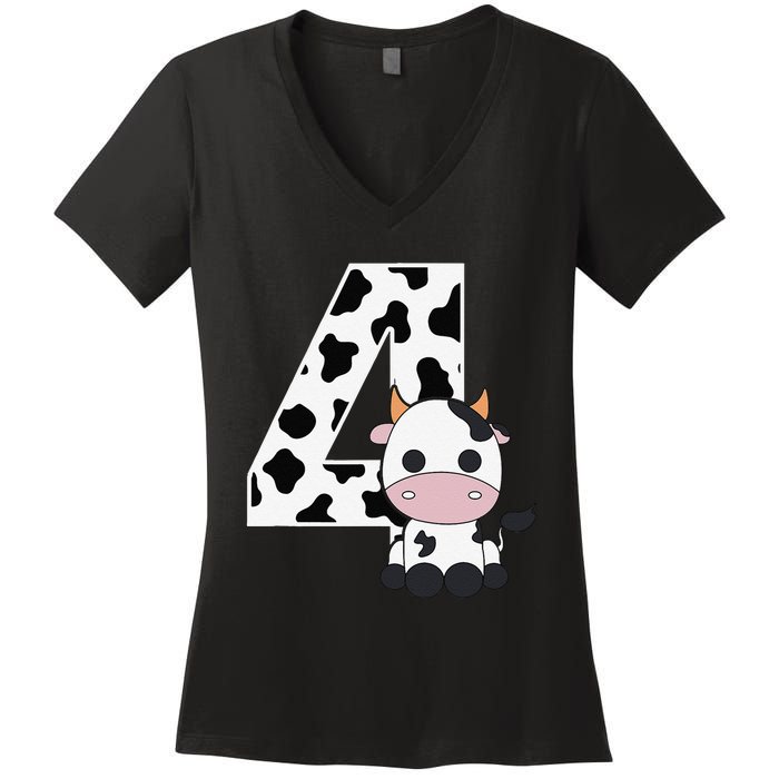 Farm Cow 4th Birthday 4 Year Old Birthday Party Women's V-Neck T-Shirt