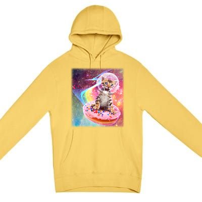 Funny Cute Astronaut Kitty On Rainbow Sprinkle Donut Premium Pullover Hoodie