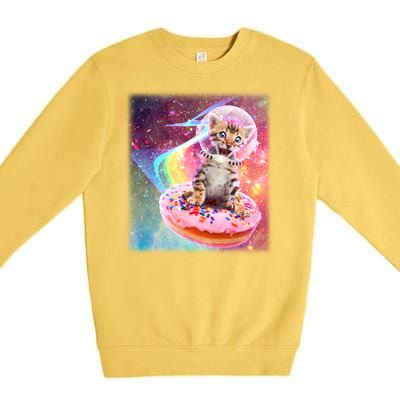 Funny Cute Astronaut Kitty On Rainbow Sprinkle Donut Premium Crewneck Sweatshirt