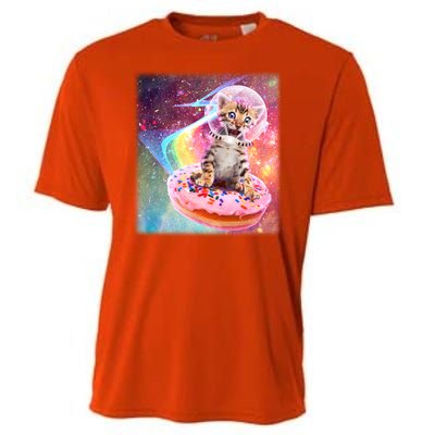 Funny Cute Astronaut Kitty On Rainbow Sprinkle Donut Cooling Performance Crew T-Shirt