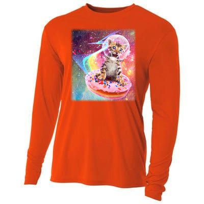 Funny Cute Astronaut Kitty On Rainbow Sprinkle Donut Cooling Performance Long Sleeve Crew