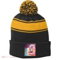 Funny Cute Astronaut Kitty On Rainbow Sprinkle Donut Stripe Pom Pom Beanie