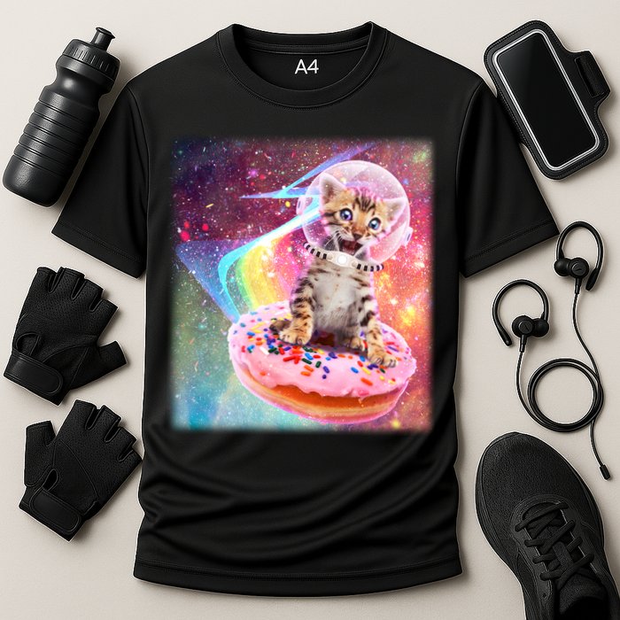 Funny Cute Astronaut Kitty On Rainbow Sprinkle Donut Performance Shirt