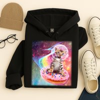 Funny Cute Astronaut Kitty On Rainbow Sprinkle Donut Hoodie