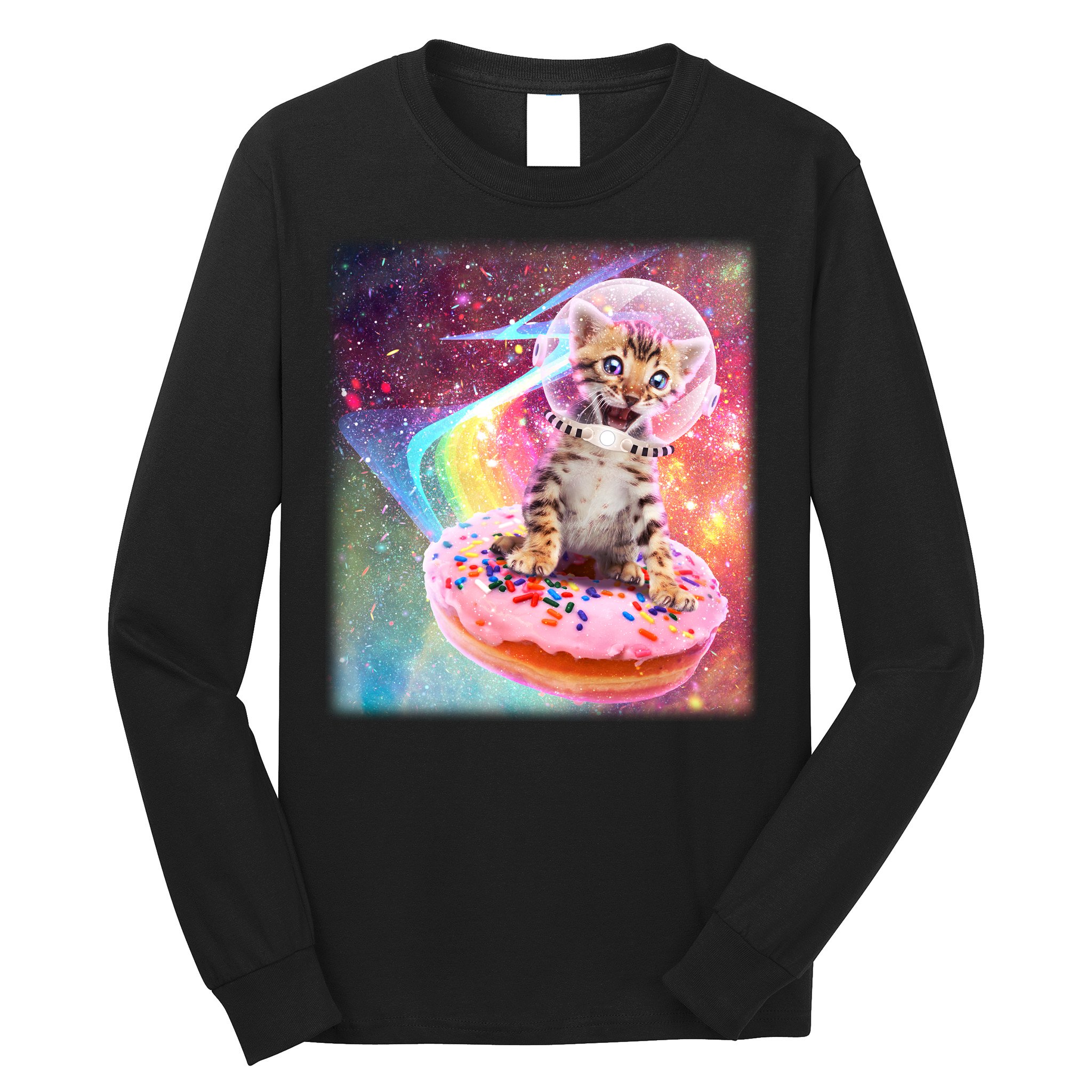 Funny Cute Astronaut Kitty On Rainbow Sprinkle Donut Long Sleeve Shirt