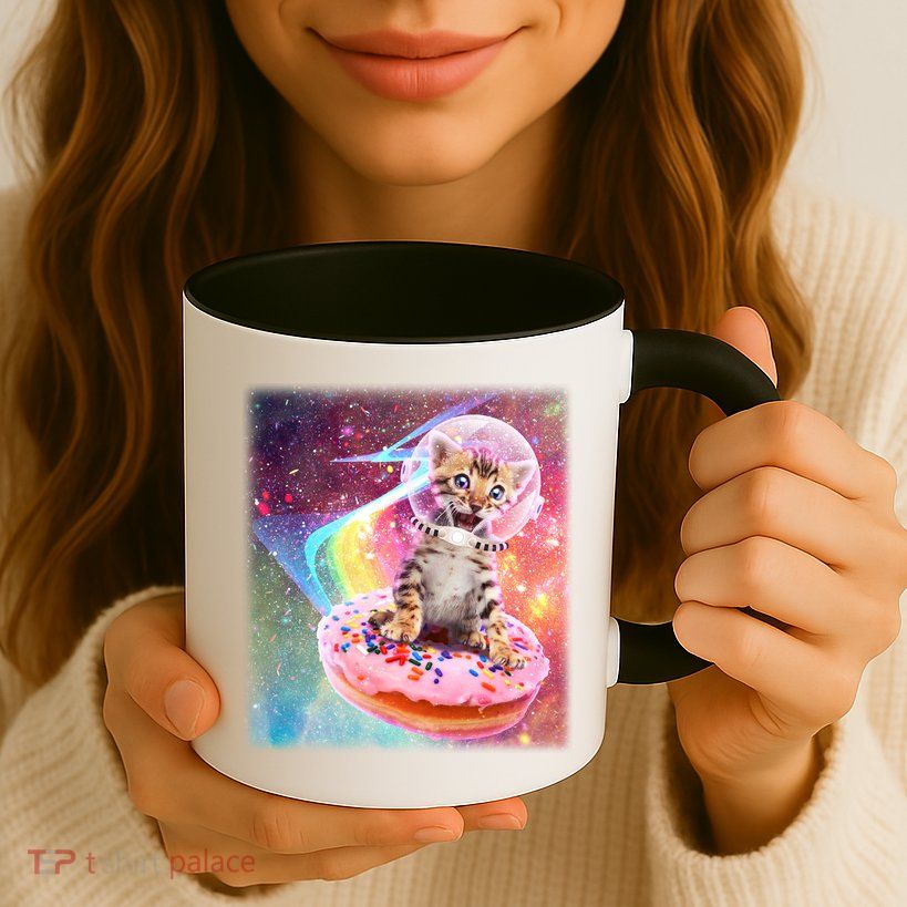 Funny Cute Astronaut Kitty On Rainbow Sprinkle Donut Mug