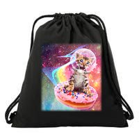 Funny Cute Astronaut Kitty On Rainbow Sprinkle Donut Drawstring Bag