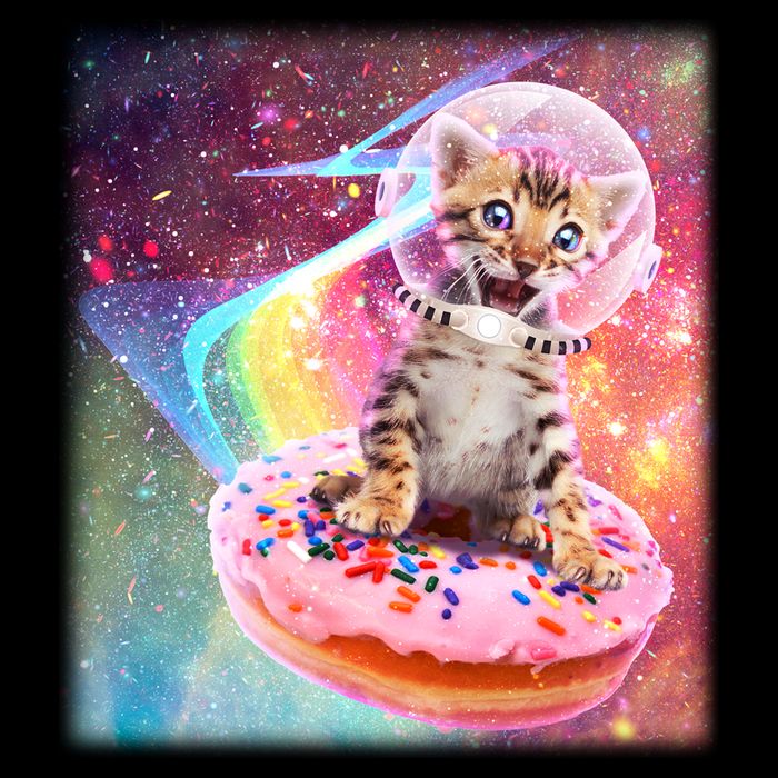 Funny Cute Astronaut Kitty On Rainbow Sprinkle Donut Drawstring Bag