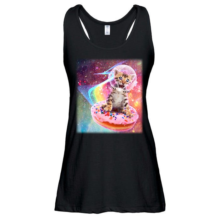 Funny Cute Astronaut Kitty On Rainbow Sprinkle Donut Ladies Essential Flowy Tank