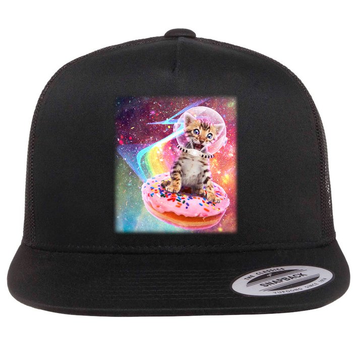 Funny Cute Astronaut Kitty On Rainbow Sprinkle Donut Flatbill Hat
