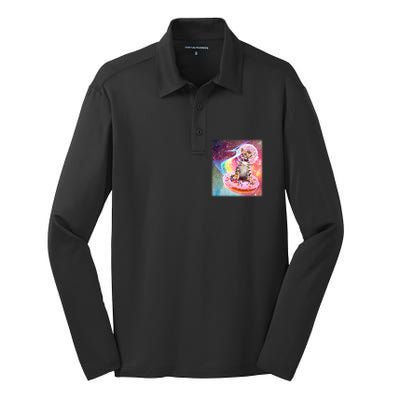 Funny Cute Astronaut Kitty On Rainbow Sprinkle Donut Silk Touch Performance Long Sleeve Polo