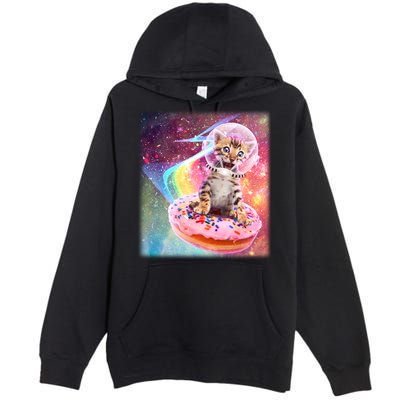 Funny Cute Astronaut Kitty On Rainbow Sprinkle Donut Premium Pullover Hoodie