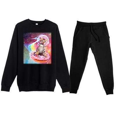 Funny Cute Astronaut Kitty On Rainbow Sprinkle Donut Premium Crewneck Sweatsuit Set