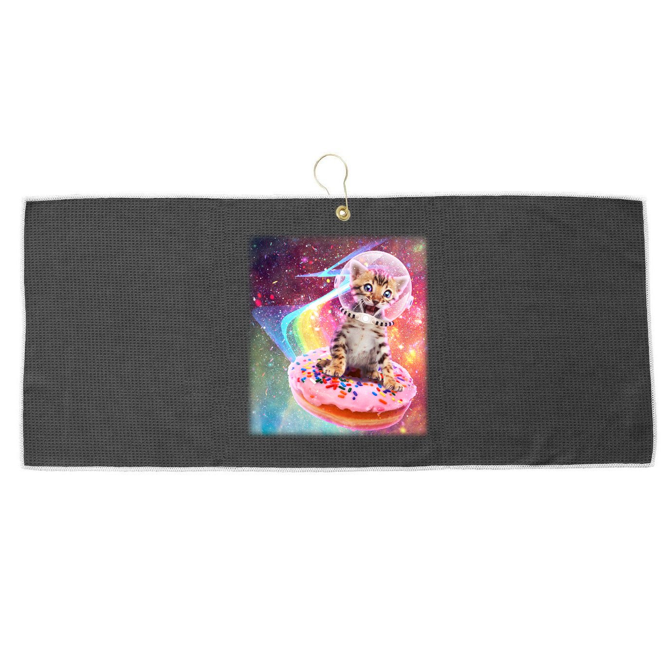 Funny Cute Astronaut Kitty On Rainbow Sprinkle Donut Large Microfiber Waffle Golf Towel