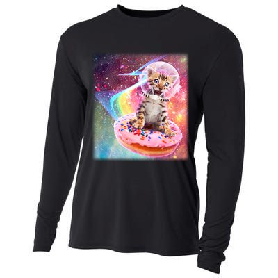Funny Cute Astronaut Kitty On Rainbow Sprinkle Donut Cooling Performance Long Sleeve Crew