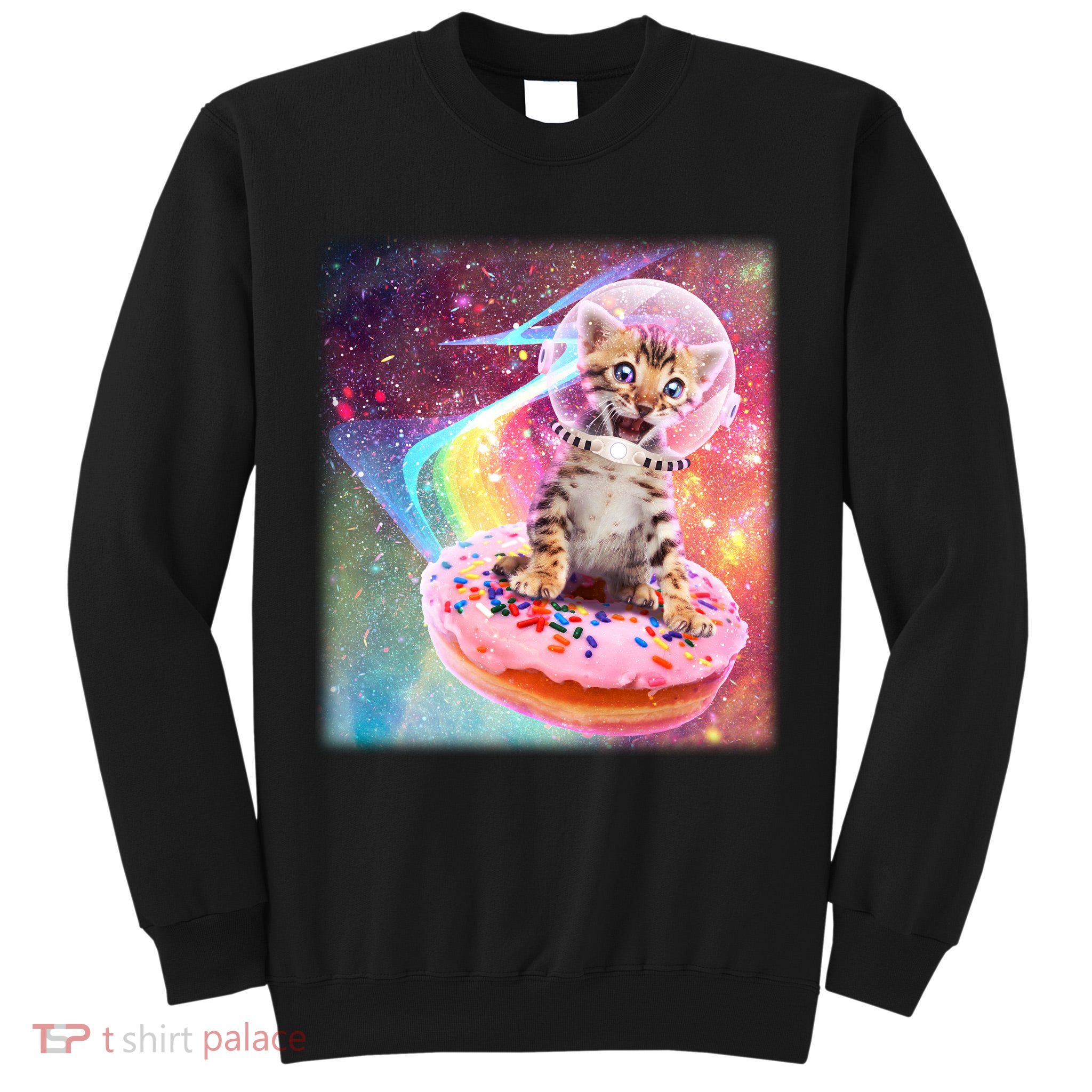 Funny Cute Astronaut Kitty On Rainbow Sprinkle Donut Tall Sweatshirt