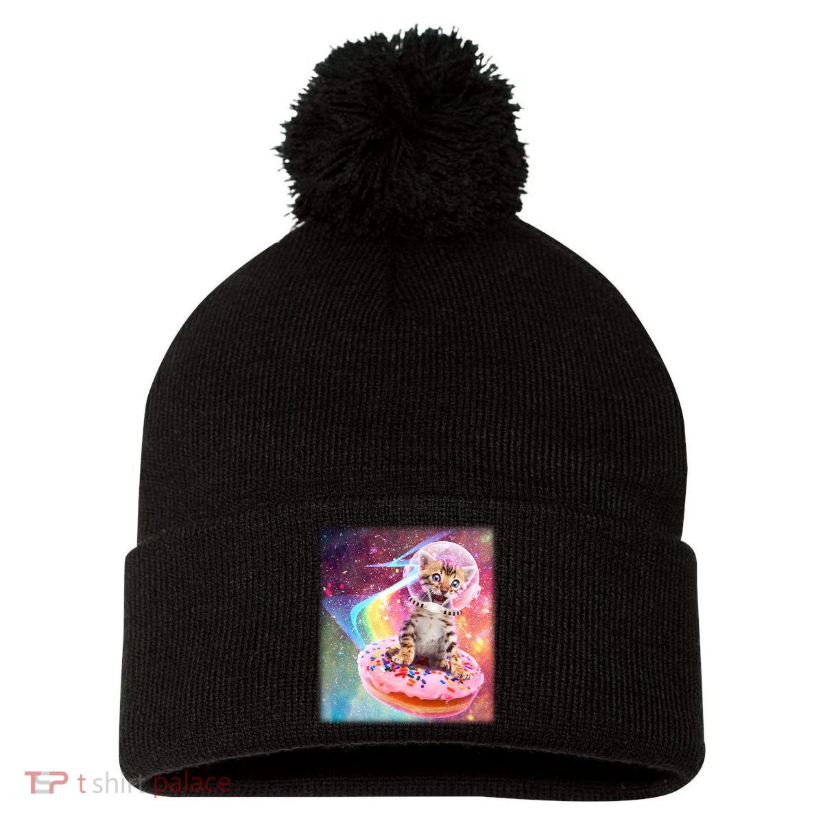 Funny Cute Astronaut Kitty On Rainbow Sprinkle Donut Pom Pom 12in Knit Beanie