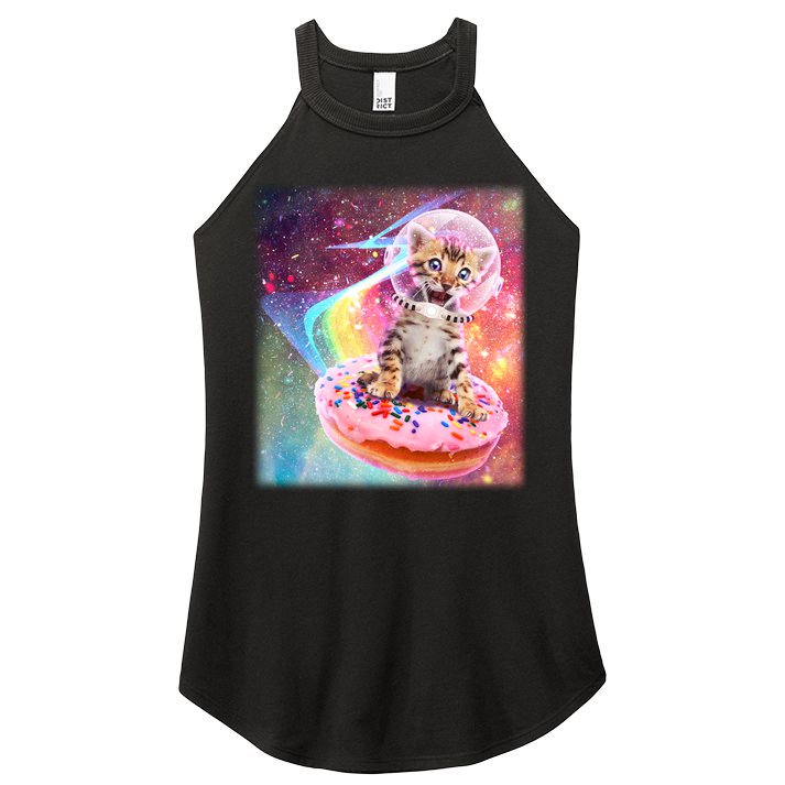 Funny Cute Astronaut Kitty On Rainbow Sprinkle Donut Women's Perfect Tri Rocker Tank