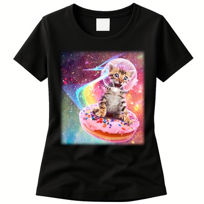 Funny Cute Astronaut Kitty On Rainbow Sprinkle Donut Womens T-Shirt