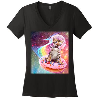Funny Cute Astronaut Kitty On Rainbow Sprinkle Donut Women's V-Neck T-Shirt