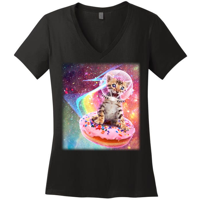 Funny Cute Astronaut Kitty On Rainbow Sprinkle Donut Women's V-Neck T-Shirt
