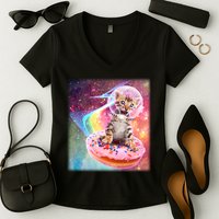 Funny Cute Astronaut Kitty On Rainbow Sprinkle Donut Women's V-Neck T-Shirt