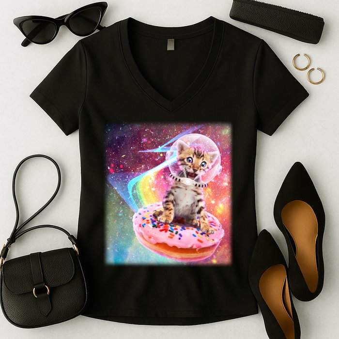 Funny Cute Astronaut Kitty On Rainbow Sprinkle Donut Women's V-Neck T-Shirt