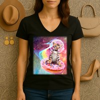 Funny Cute Astronaut Kitty On Rainbow Sprinkle Donut Women's V-Neck T-Shirt