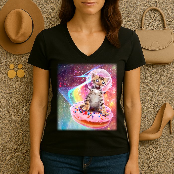 Funny Cute Astronaut Kitty On Rainbow Sprinkle Donut Women's V-Neck T-Shirt
