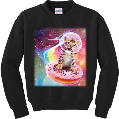 Funny Cute Astronaut Kitty On Rainbow Sprinkle Donut Kids Sweatshirt