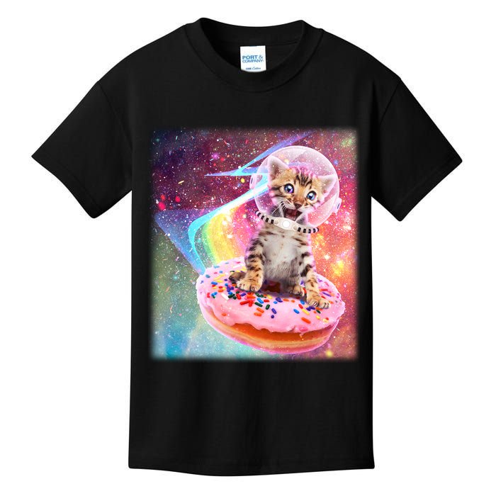 Funny Cute Astronaut Kitty On Rainbow Sprinkle Donut Kids T-Shirt