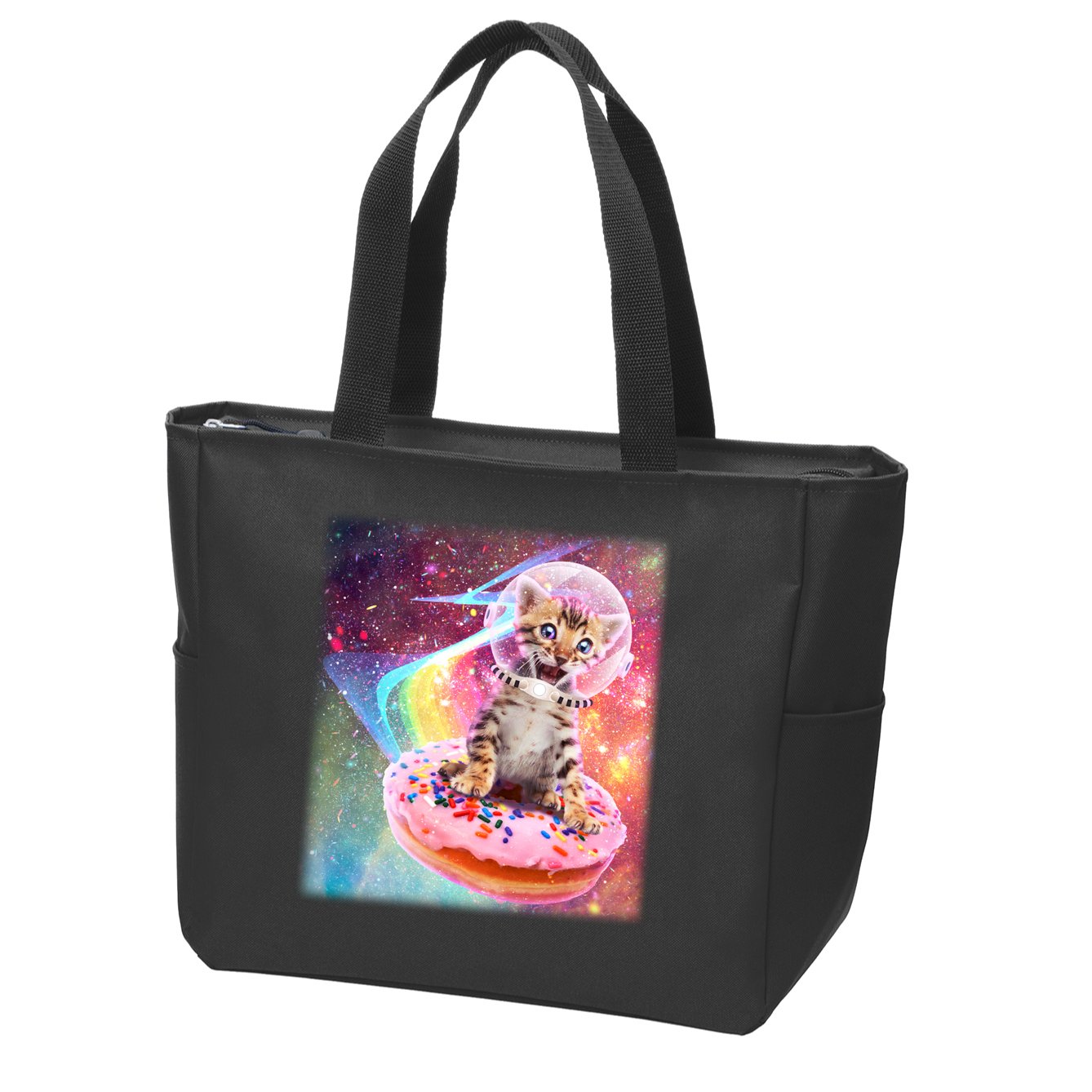 Funny Cute Astronaut Kitty On Rainbow Sprinkle Donut Zip Tote Bag