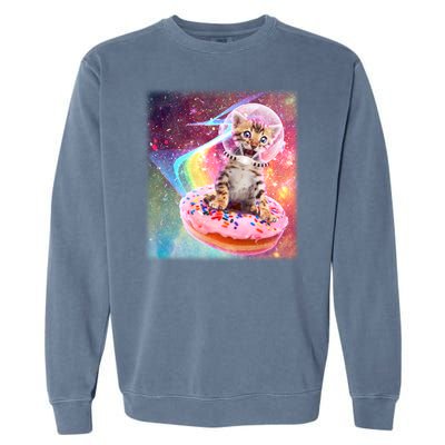 Funny Cute Astronaut Kitty On Rainbow Sprinkle Donut Garment-Dyed Sweatshirt