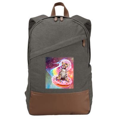 Funny Cute Astronaut Kitty On Rainbow Sprinkle Donut Cotton Canvas Backpack