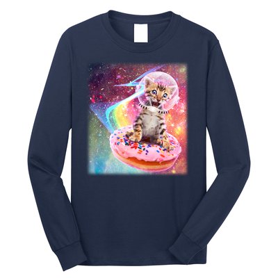 Funny Cute Astronaut Kitty On Rainbow Sprinkle Donut Long Sleeve Shirt