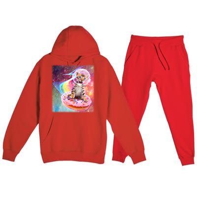 Funny Cute Astronaut Kitty On Rainbow Sprinkle Donut Premium Hooded Sweatsuit Set