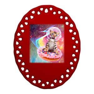 Funny Cute Astronaut Kitty On Rainbow Sprinkle Donut Ceramic Oval Ornament