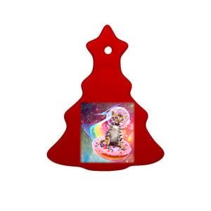 Funny Cute Astronaut Kitty On Rainbow Sprinkle Donut Ceramic Tree Ornament