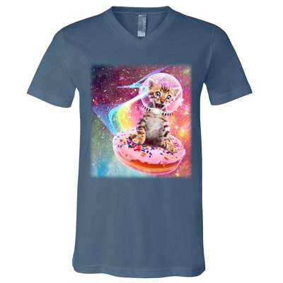 Funny Cute Astronaut Kitty On Rainbow Sprinkle Donut V-Neck T-Shirt