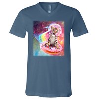 Funny Cute Astronaut Kitty On Rainbow Sprinkle Donut V-Neck T-Shirt