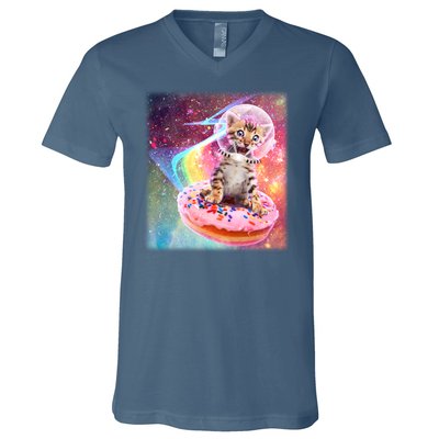 Funny Cute Astronaut Kitty On Rainbow Sprinkle Donut V-Neck T-Shirt