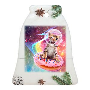 Funny Cute Astronaut Kitty On Rainbow Sprinkle Donut Ceramic Bell Ornament