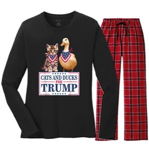 Funny Cats And Ducks For Trump 2024 Gift Women's Long Sleeve Flannel Pajama Set 