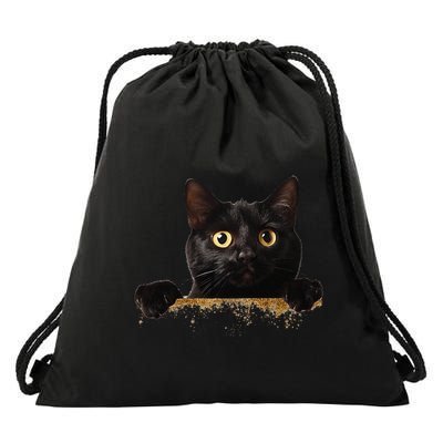 Funny Curious Adorable Cat Black Peeking Kitten Pet Lovers Drawstring Bag