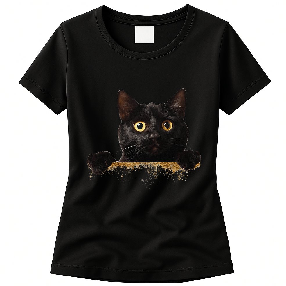 Funny Curious Adorable Cat Black Peeking Kitten Pet Lovers Womens T-Shirt